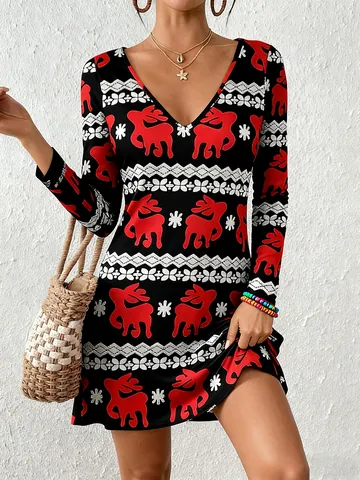 Women Deep V Neck Long Sleeve A-Line Mini Dress Polyester Spandex Festive Reindeer Snowflake Butterfly Printed Casual Dress