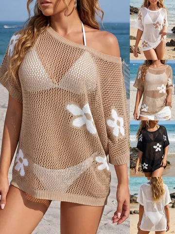 Women's Floral Jacquard Short Sleeve Beach Cover Up Casual Hollow Out Crochet Top Summer Polyester Holiday Swimwear Top