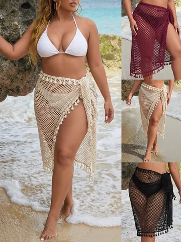 Women Sexy Hollow-Out Tassel Beach Cover-Up Skirt Plus Size See-Through Crochet Sarong Wrap For Summer Vacation Swimwear