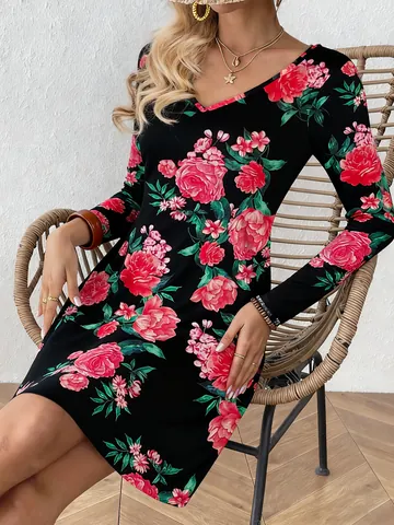 Women Deep V Neck Long Sleeve A-Line Mini Dress Polyester Spandex Festive Reindeer Snowflake Butterfly Printed Casual Dress