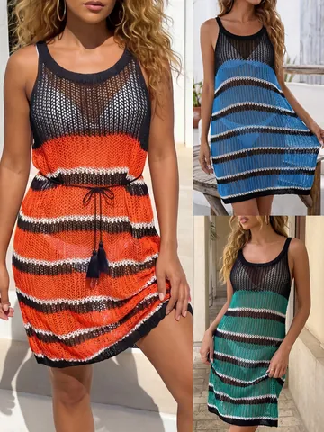 Women Hollow Out Crochet Beach Cover Up Striped Color Block Sleeveless Knitted Sun Protection Dress For Bikini Swimsuit