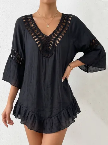 Copricostume da Spiaggia da Donna Bohemien con Uncinetto Traforato Volant Manica a 3/4 Scollo a V Irregolare Nappe Bikini