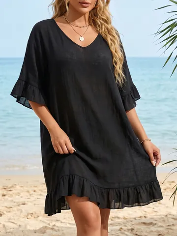 Vestido de Playa con Escote en V Profundo para Mujer Manga con Volantes Suelto Espalda Descubierta Bikini Coverup Verano