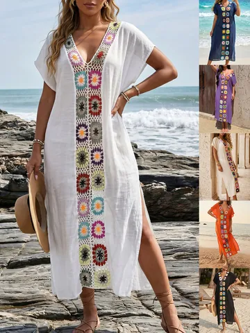 Bohemian Women Crochet Floral Patchwork Beach Cover-up Dress Deep V-Neck Sleeveless Side Slit Long Sexy Polyester Kaftan For Vacation