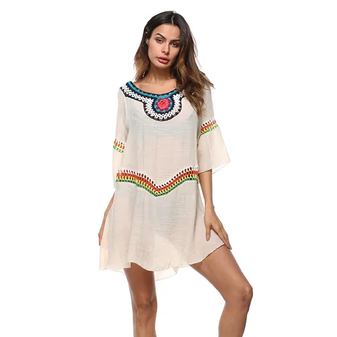 Vestido Cubre Traje de Baño Bohemio para Mujer Cuello en V Ganchillo Calado Poliéster Protección Solar Vacaciones Ropa de Playa Informal