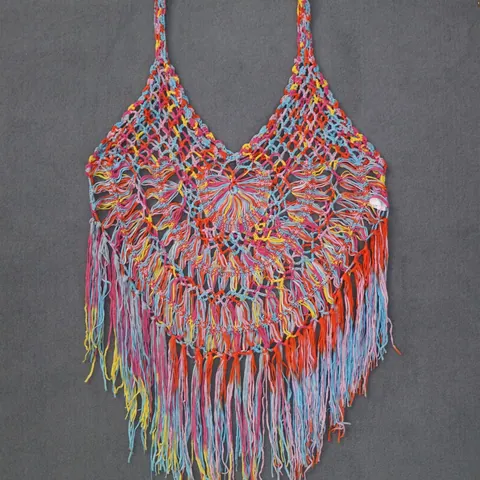 Women Sexy Crochet Beach Cover-Up Tassel Camisole Bohemian Hollow Out V-Neck Tassel Tank Top For Vacation