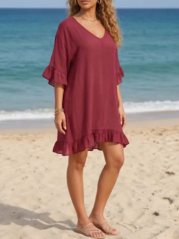 Vestido de Playa con Escote en V Profundo para Mujer Manga con Volantes Suelto Espalda Descubierta Bikini Coverup Verano