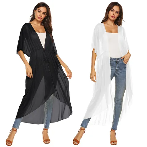 Women's Chiffon Linen Beach Cover Up Batwing Sleeve Cardigan Irregular Hem Tie Front Long Loose Sun Protection Outerwear Kimono Top