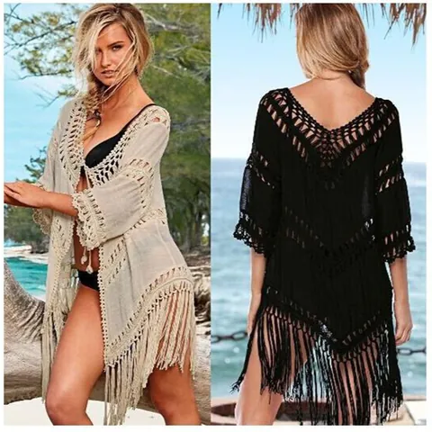 Women Crochet Hollow Out Bikini Cover Up Tassel Boho Summer Beach Dress Solid Color V Neck Tie Up Sun Protection Top