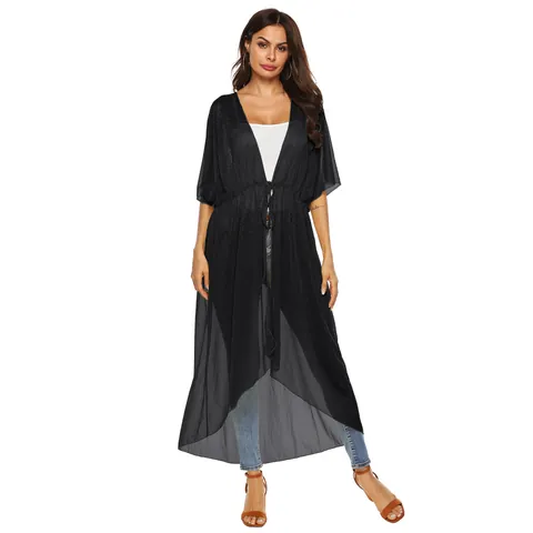 Women's Chiffon Linen Beach Cover Up Batwing Sleeve Cardigan Irregular Hem Tie Front Long Loose Sun Protection Outerwear Kimono Top
