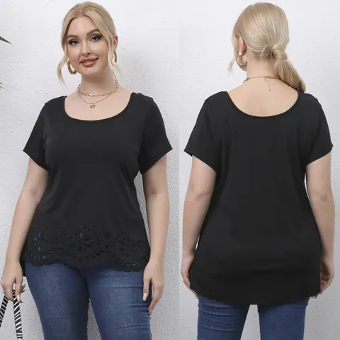 Women Plus Size T-Shirt Laser Cut Hollow Out Floral Hem Casual Round Neck Short Sleeve Polyester Top For Women Black