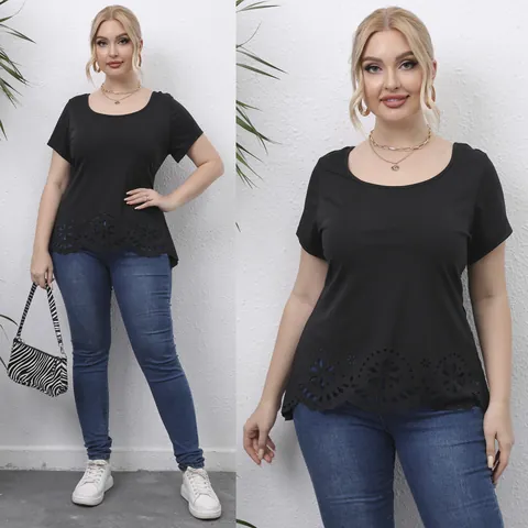 Women Plus Size T-Shirt Laser Cut Hollow Out Floral Hem Casual Round Neck Short Sleeve Polyester Top For Women Black