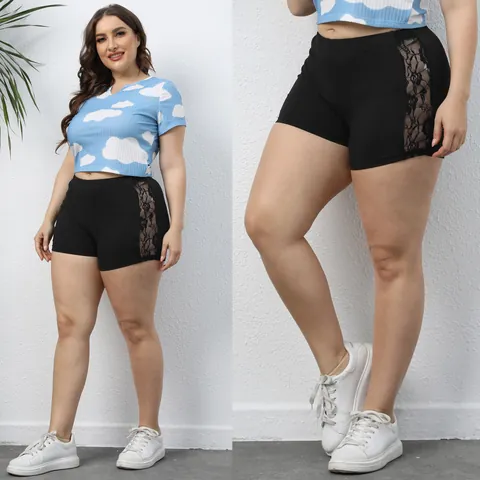 Women Plus Size Sexy Lace Patchwork Shorts Milk Silk High Waist Casual Hot Pants Cow Print Tie-Dye Club Streetwear Bottom