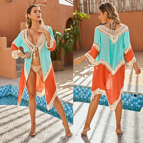 Capa de Playa Bohemia para Mujer con Patchwork de Ganchillo a Mano Bloque de Color Cárdigan Holgado Protección Solar Top de Vacaciones