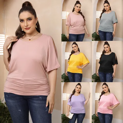 Women's Plus Size Cold Shoulder Ruched Batwing Sleeve T-Shirt Polyester Solid Color Casual Loose Knit Top Daily Travel Wear