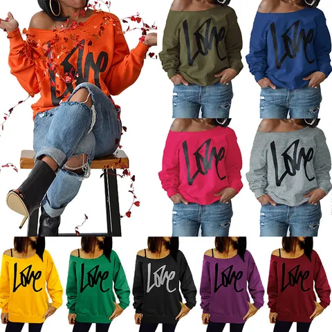 Women Sexy Off-Shoulder Long Sleeve Sweatshirt LOVE Letter Print Cotton Blend Loose Pullover Streetwear Casual Top For Spring Autumn