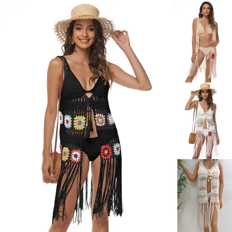 Women Bohemian Hand Crochet Beach Cover Up Hollow Out Floral Patchwork Tassel Cardigan Sleeveless Knit Vest Vacation Top