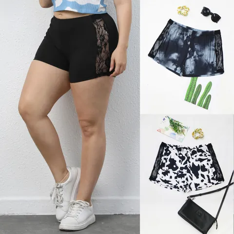 Women Plus Size Sexy Lace Patchwork Shorts Milk Silk High Waist Casual Hot Pants Cow Print Tie-Dye Club Streetwear Bottom