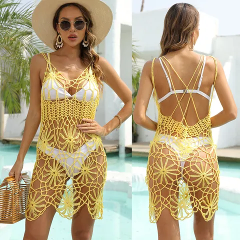 Women's Sexy Crochet Hollow-out Beach Cover-Up Dress Yellow V-Neck Sleeveless Bikini Sunscreen Dress Summer Resort Wear Outfits