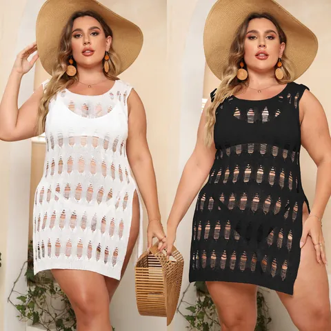 Plus Size Women Hollow Out Knit Beach Cover Up Dress Sleepless Round Neck Side Slit Acrylic Vacation Sarong Top