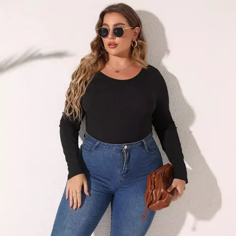 Body de Talla Grande para Mujer Negro Acanalado Cuello Redondo Manga Larga Ajustado Una Pieza Streetwear Básico Top And Bottom