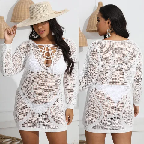 Robe Cache-maillot de Plage Grande Taille au Crochet Col en V Profond à Lacets Transparent Sexy Manches Longues Ajouré Femme