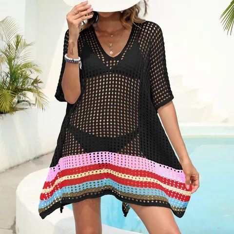 Women Sexy Deep V Neck Hollow Out Machine Knit Beach Cover Up Dress Color Block Stripe Crochet Bikini Swimwear Coverup