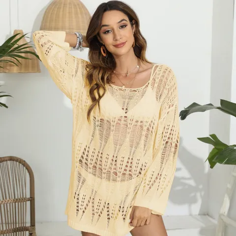 Copricostume da Spiaggia Sexy da Donna All'uncinetto in Poliestere Sexy Trasparente a Maniche Lunghe Bikini Smock Vacanza Top