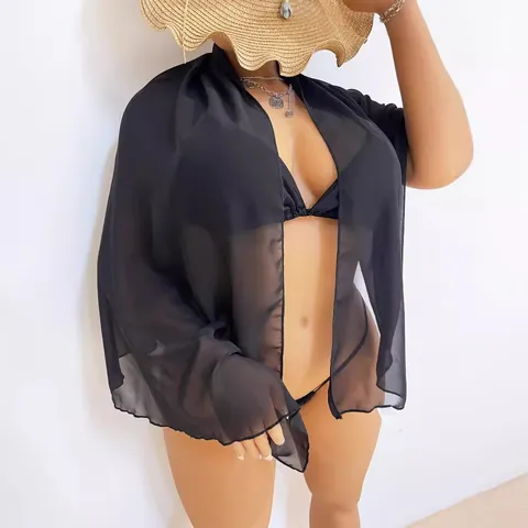 Women Sexy See Through Chiffon Beach Sarong One Piece Wrap Tie Half Skirt Plus Size Summer Vacation Cover Up Bottom