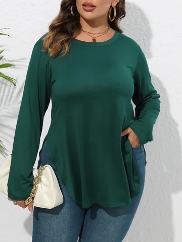 T-Shirt Femme Grande Taille Décontracté Manches Longues Ourlet Irrégulier Couleur Unie Col Rond Top en Tricot Automne Hiver
