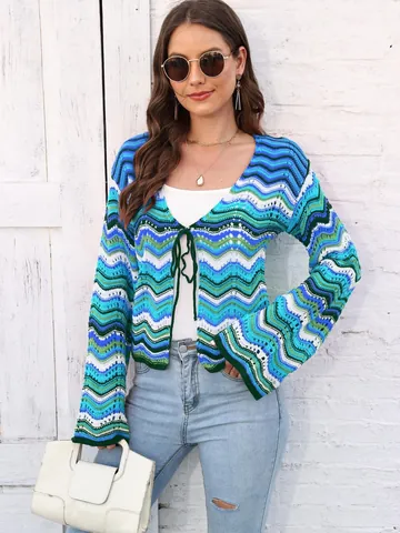 Women Rainbow Wave Pattern Knit Cardigan V-Neck Tie-Front Long Flare Sleeve Striped Sweater Top Acrylic Machine Knit Fashion
