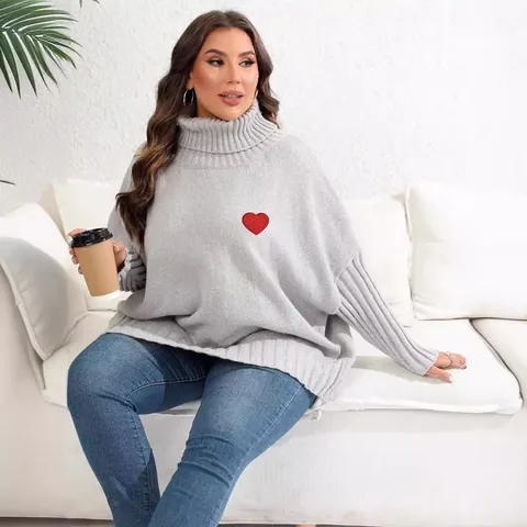 Women Casual Plus Size Turtleneck Long Sleeve Sweater Heart Patch Oversized Knit Jumper Top Loose Pullover Autumn Winter Fashion