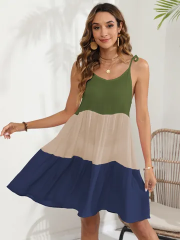 Robe Cami à Rayures Color Block pour Femmes Col en V à Volants Étagés Robe de Plage Sans Manches en Polyester Mini Robe d'Été pour Vacances