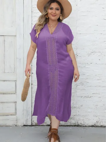 Women Plus Size Beach Cover Up V Neck Lace Patchwork Side Split Loose Summer Kaftan Bikini Coverup Dress For Vacation