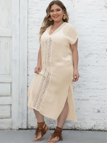 Women Plus Size Beach Cover Up V Neck Lace Patchwork Side Split Loose Summer Kaftan Bikini Coverup Dress For Vacation