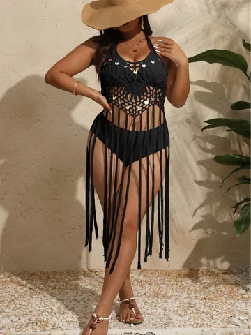 Vestido de Ganchillo para Mujer Talla Grande con Lentejuelas y Flecos Largos para Vacaciones en la Playa Estilo Bohemio de Punto Acrílico