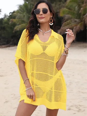 Women's Polo Collar Beach Cover Up Loose Machine Woven See Through Bikini Outerwear Polyester Hollow Mesh Crochet Top