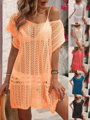 Women V Neck Crochet Hollow Out Beach Cover Up Sleeveless Loose Casual Bikini Swimsuit Bathing Suit Coverup Dress Top