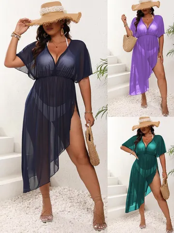Vestido de Playa de Talla Grande para Mujer de Malla Transparente Poliéster Cuello en V Asimétrico Cintura Alta Top And Bottom
