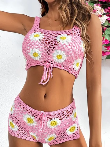 Women Crochet Daisy Hollow Out Beach Camisole Top And Shorts Set Bohemian Vacation Knit Swimwear Cover Up Swimsuit