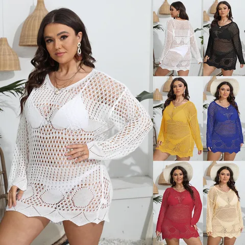 Salida de Baño de Ganchillo Calada para Mujer Tallas Grandes Vestido Sexy de Punto Transparente Manga Larga Cuello en V Ropa de Playa