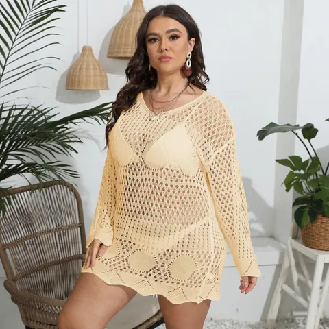 Salida de Baño de Ganchillo Calada para Mujer Tallas Grandes Vestido Sexy de Punto Transparente Manga Larga Cuello en V Ropa de Playa