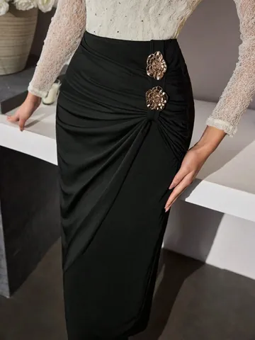 Damen Hohe Taille Gerafft Bleistiftrock Elegant Seite Plissee Rock Mit Goldene Rose Metallschnallen Rückenschlitz Rock