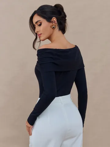 Women Elegant Off Shoulder Butterfly Brooch Long Sleeve Top Slim Fit Knitted Polyester Blouse Solid Color Party Shirt Clothing