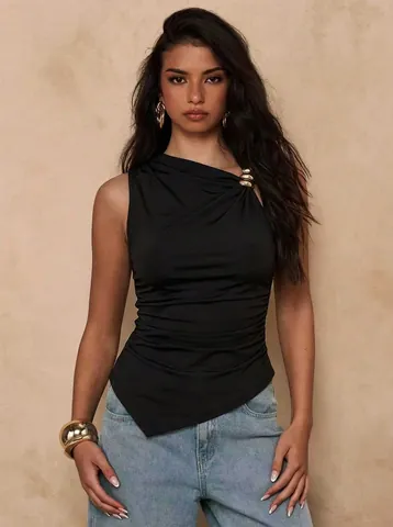 Women's Elegant Ruched Sleeveless Tank Top With Metal Buckle Detail Solid Black Slim Fit Asymmetrical Hem Polyester Top