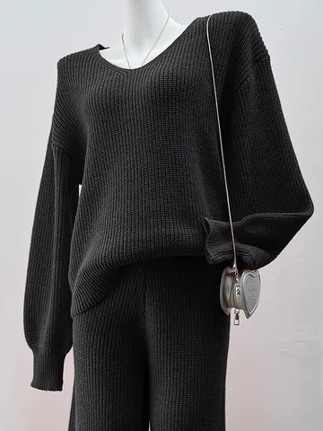 Women Casual V-Neck Knit Pullover Sweater Long Sleeve Ribbed Top Spliced Solid Color Streetwear Warm Winter Jumper For Ladies Fashion