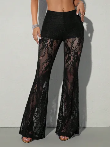 Women Sexy High Waist Sheer Lace Flare Pants See Through Floral Pattern Bell Bottom Trousers for Club Party Streetwear
