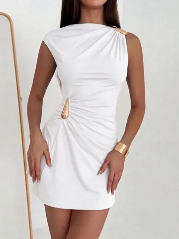 Women Sexy Ruched Bodycon Mini Dress Metal Buckle Sleeveless Off Shoulder Polyester Slim Fit Club Party Dress Evening Gown