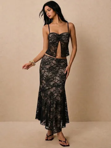 Dames Sexy Zwart Polyamide Gebreid Kant Opengewerkt Camisole Top En Onregelmatige Zeemeermin Rok Party Outfits Top And Bottom