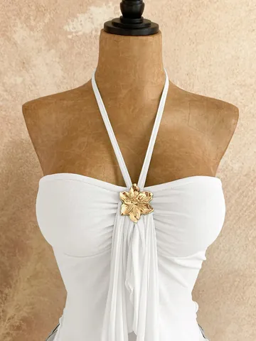Women Halterneck Double Layer Mesh Camisole Sexy Asymmetric Hem Tank Top Solid Color Summer Backless Lettuce Edge Vest Top